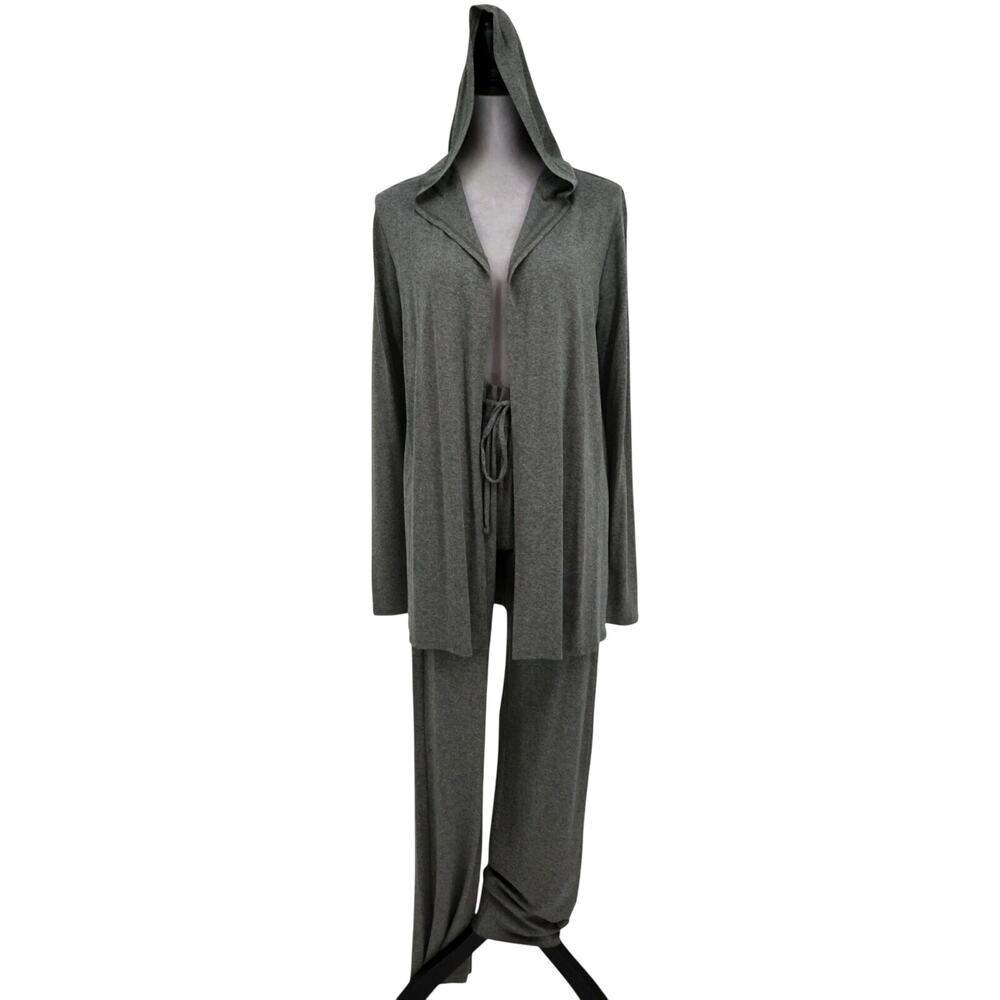 Three Dots Track Suit Womens Medium Gray Hooded Open Front Tie Waist Loungewear